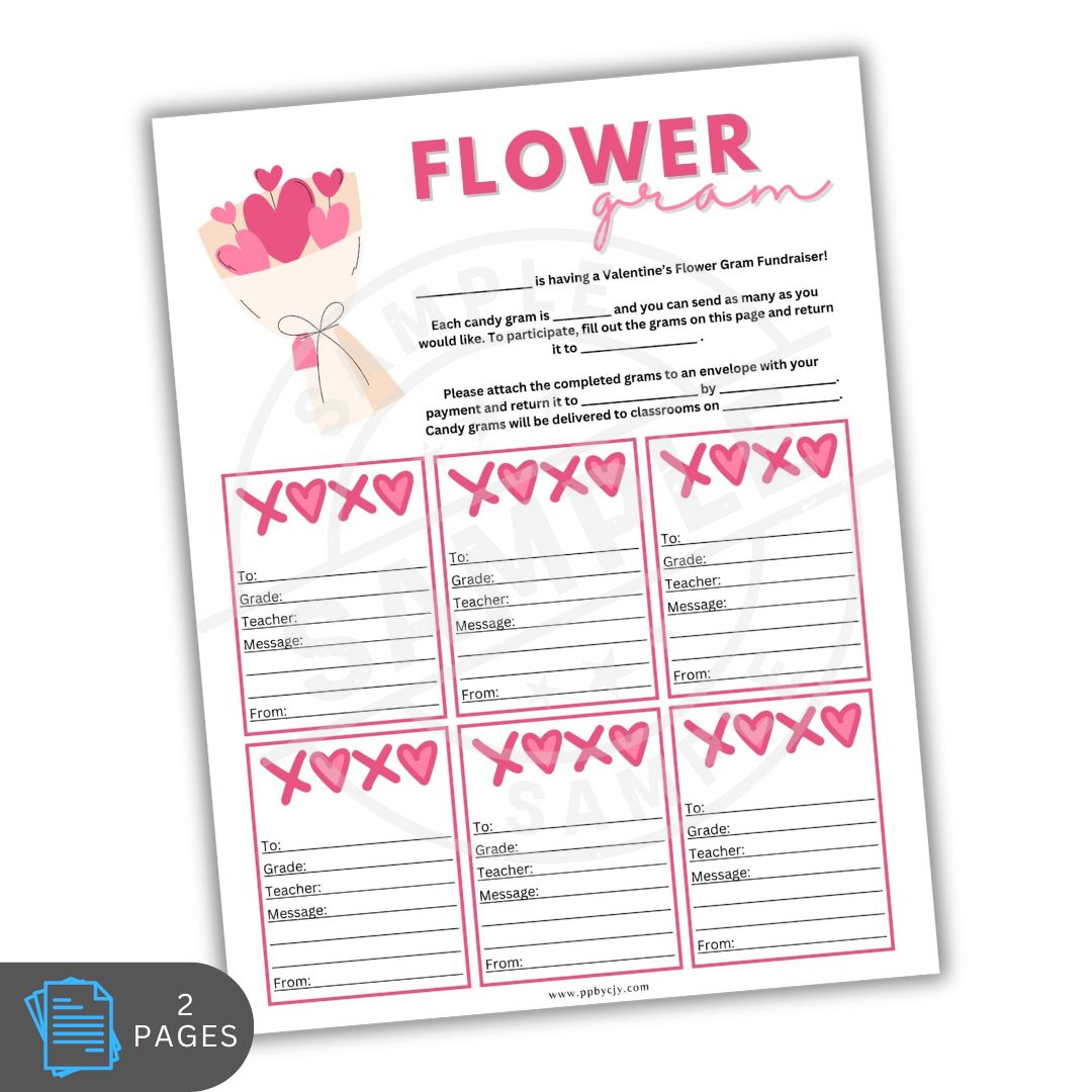 Valentine's Day fundraising flyer with candy gram template on a white background