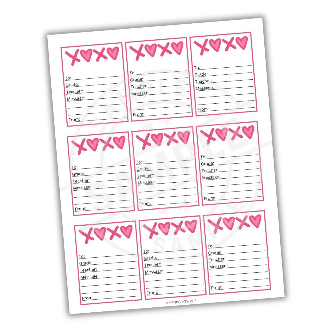 Sheet of Valentine's Day cards with 'XOXO' designs on a white background