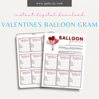 Valentine’s Day Balloon Gram printable page with space for sweet messages and colorful balloon designs to share the love.

