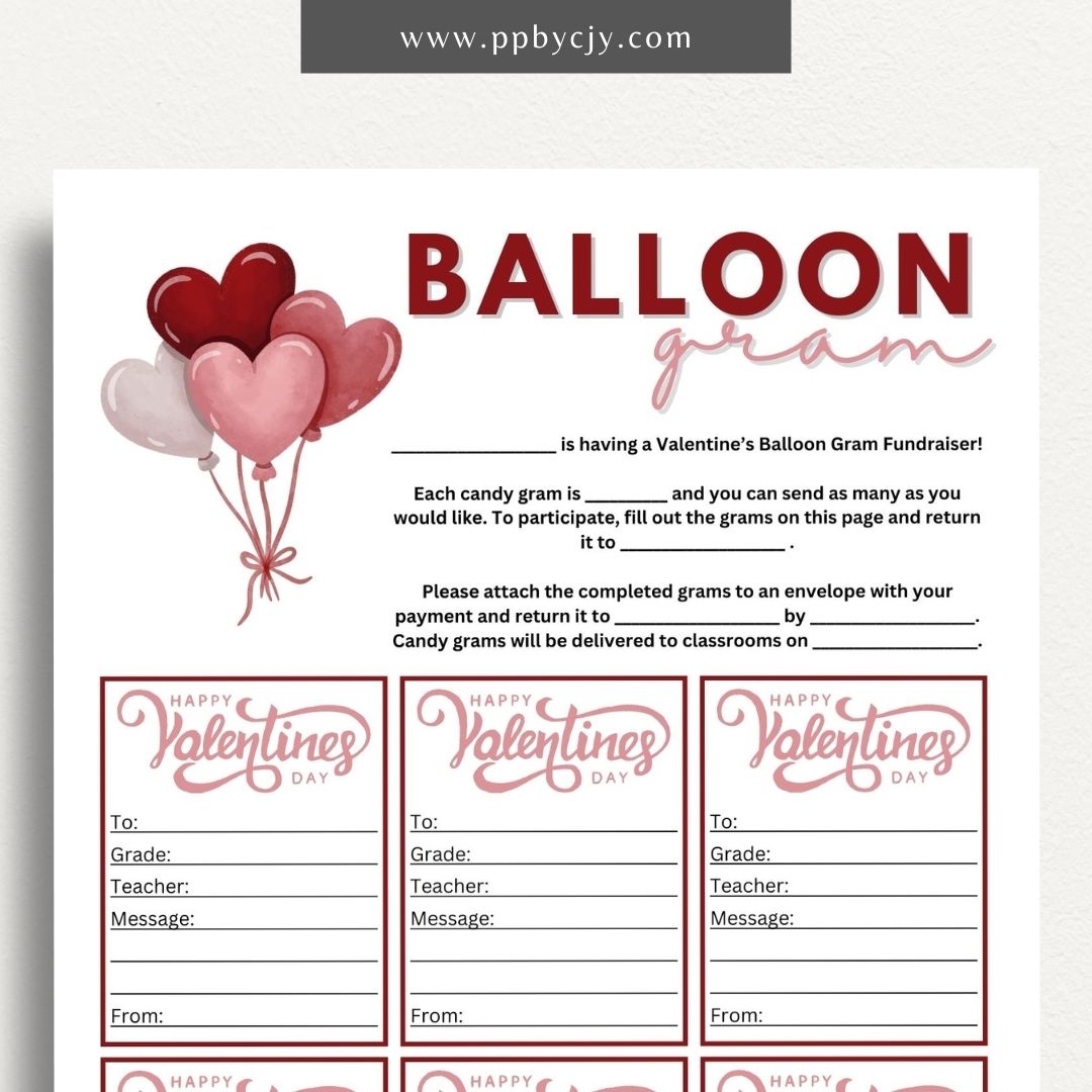 Valentine’s Day Balloon Gram printable page with space for sweet messages and colorful balloon designs to share the love.

