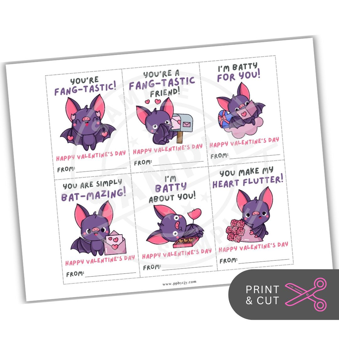Set of Valentine's Day cards with bat illustrations and humorous text on a white background.