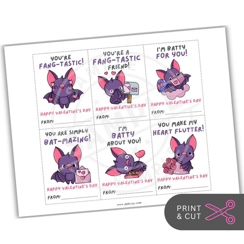 Set of Valentine's Day cards with bat illustrations and humorous text on a white background.