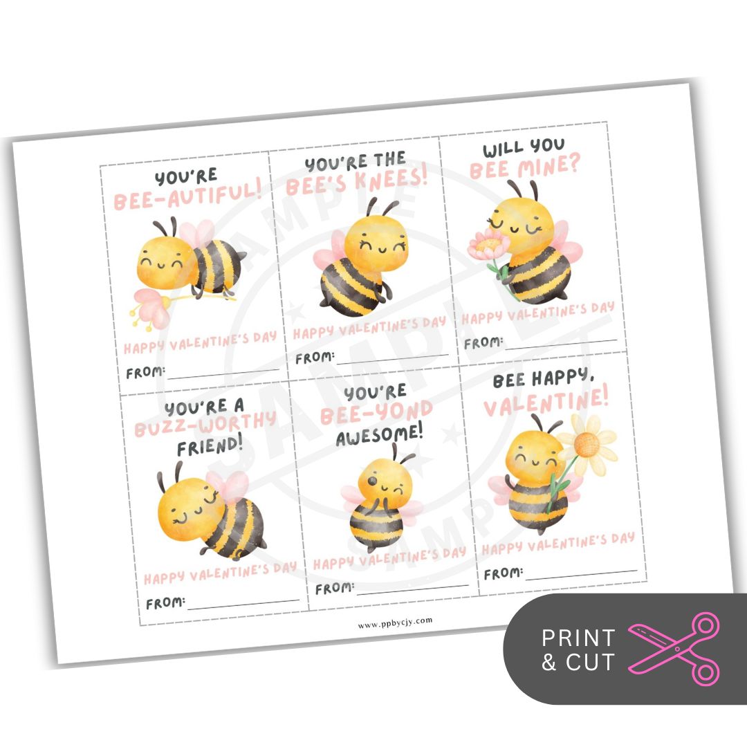 Sheet of Valentine's Day cards with cartoon bees and cute sayings on a white background.