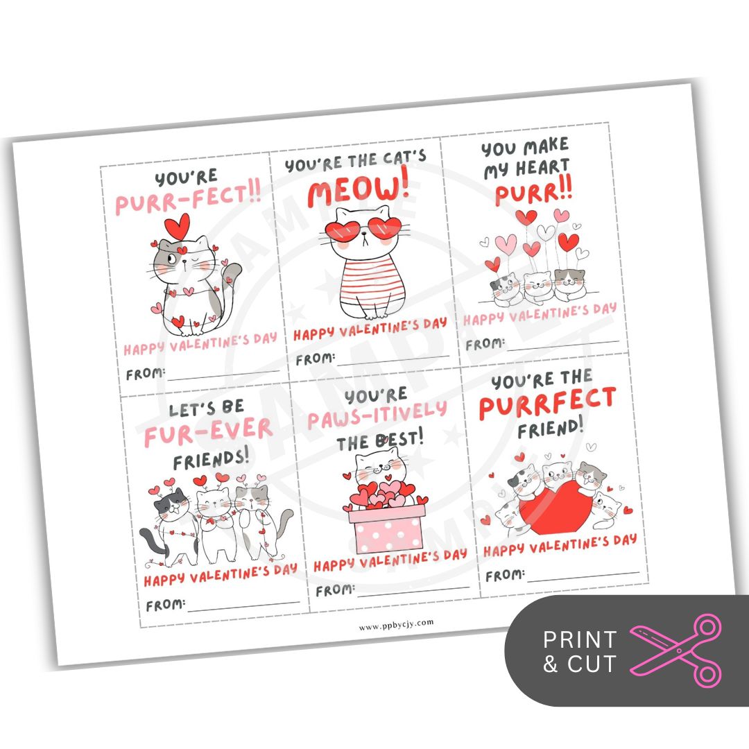 Sheet of Valentine's Day cards with cartoon cats and cute sayings on a white background.