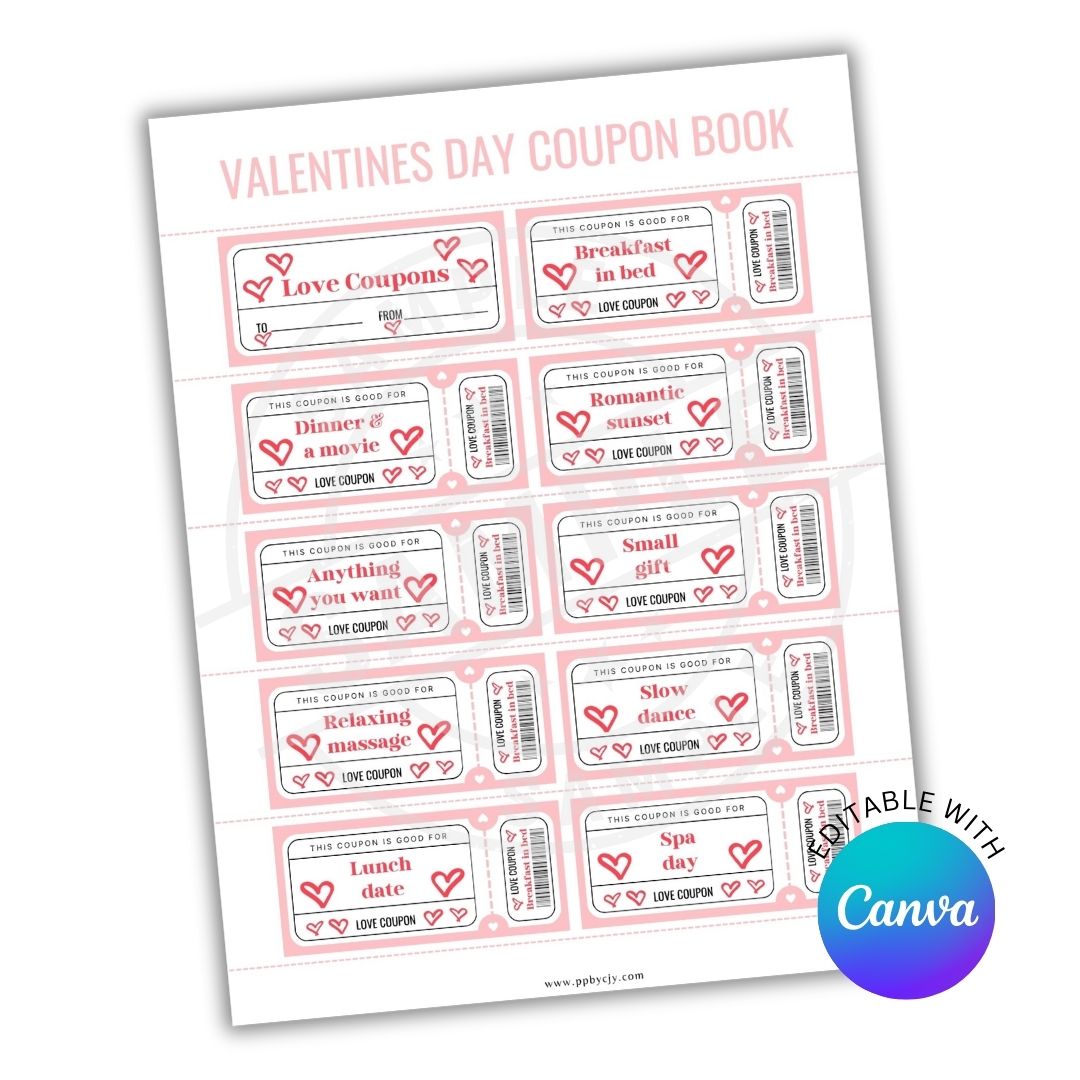 Valentine's Day coupon book with various coupons on a white background, featuring Canva branding.