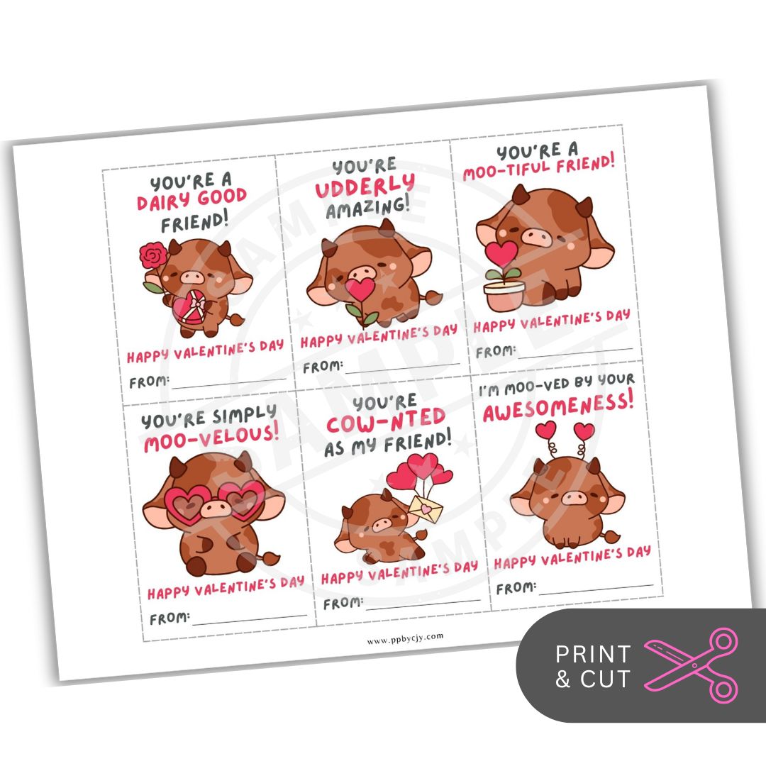 Set of eight cartoon cow Valentine's Day cards with cute expressions and text on a white background.