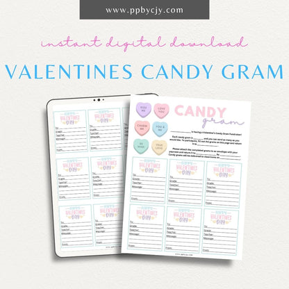 Valentine’s Day Candy Gram printable page with space for personalized messages and candy attachments for a sweet gift.