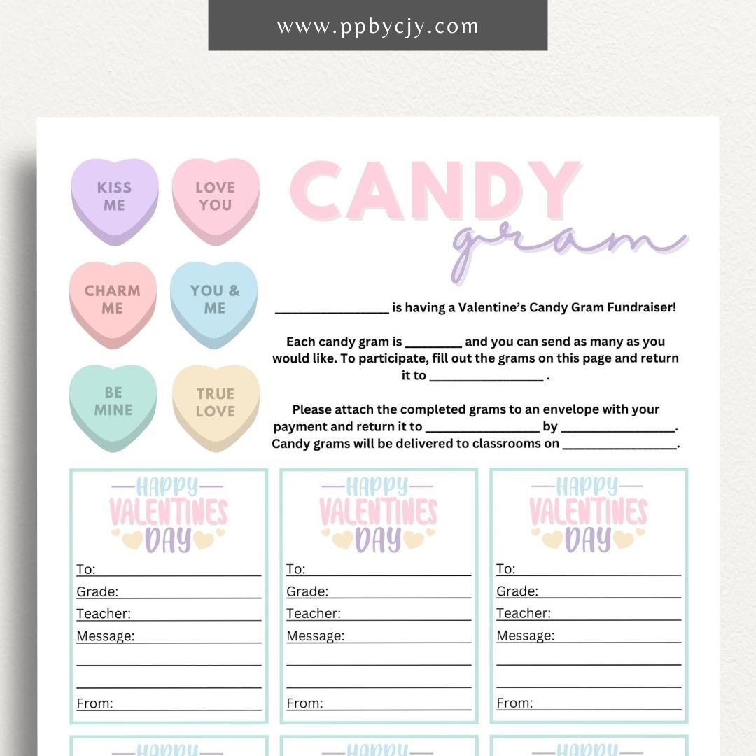 Valentine’s Day Candy Gram printable page with space for personalized messages and candy attachments for a sweet gift.

