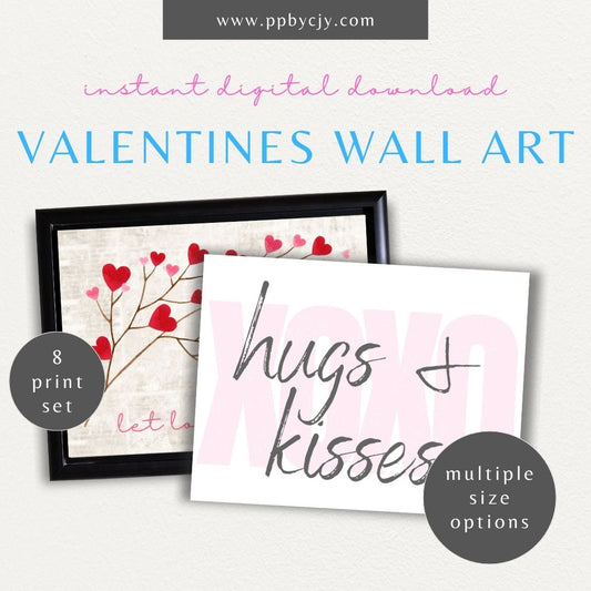 Set of 8 Valentines-themed wall art printables with love quotes, hearts, and romantic designs for stylish home decor.

