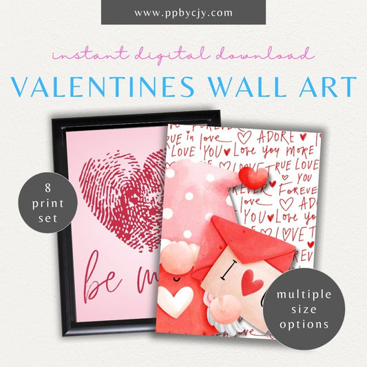 Set of 8 Valentines-themed wall art printables with love quotes, hearts, and romantic designs for stylish home decor.

