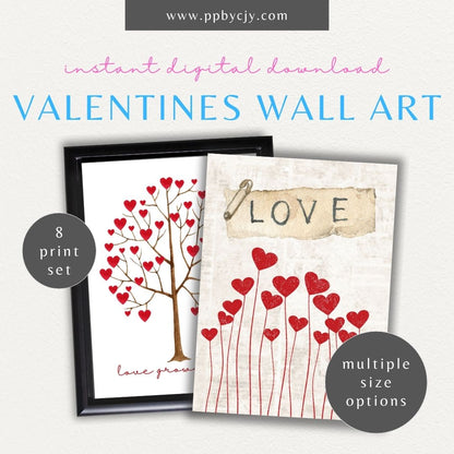 Set of 8 Valentines-themed wall art printables with love quotes, hearts, and romantic designs for stylish home decor.

