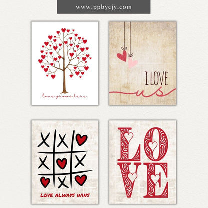 Set of 8 Valentines-themed wall art printables with love quotes, hearts, and romantic designs for stylish home decor.

