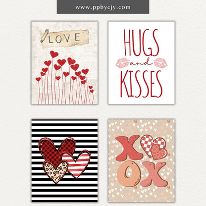 Set of 8 Valentines-themed wall art printables with love quotes, hearts, and romantic designs for stylish home decor.

