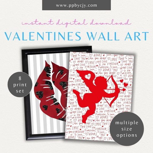 Set of 8 Valentines-themed wall art printables with love quotes, hearts, and romantic designs for stylish home decor.

