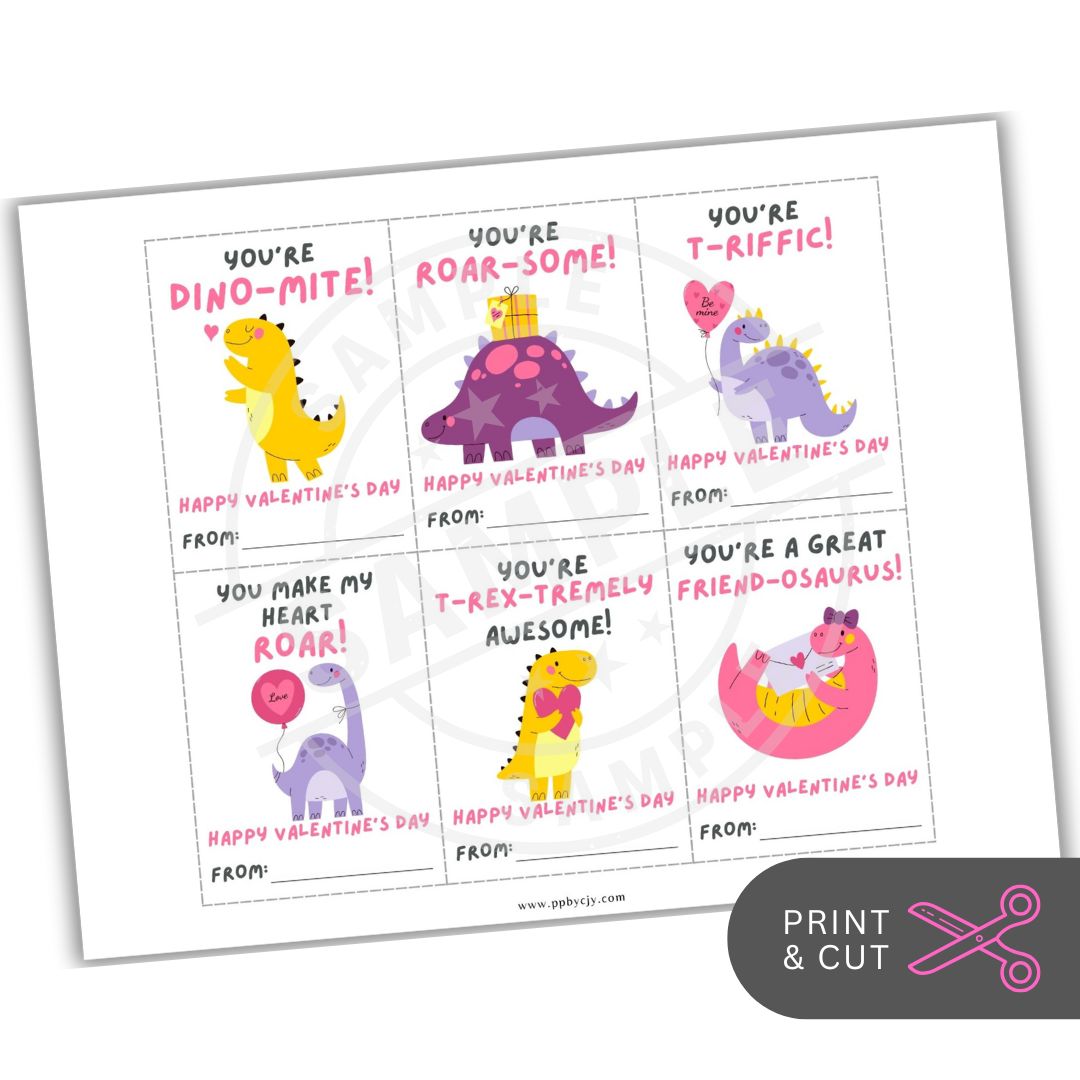 Valentine's Day cards with dinosaur illustrations and text on a white background.