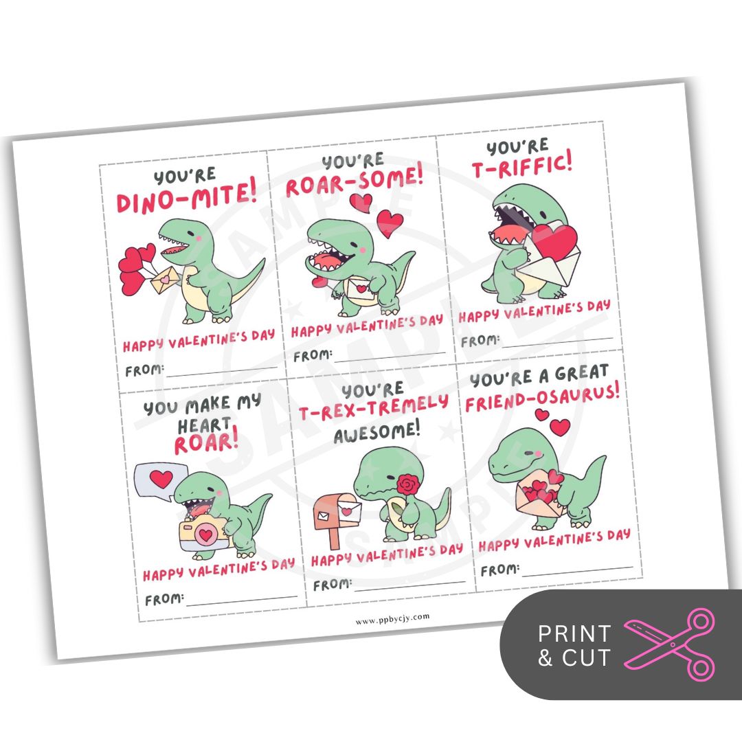 Valentine's Day cards with dinosaur illustrations and text on a white background.