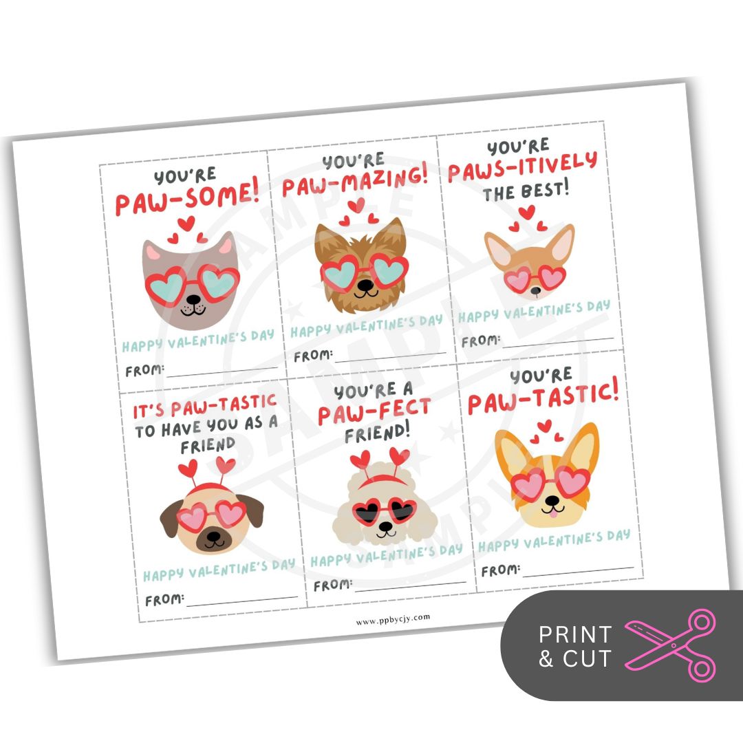Set of Valentine's Day cards with dog illustrations and text on a white background.