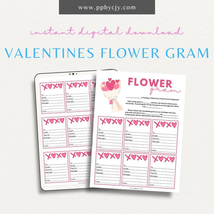 Valentine’s Day Flower Gram printable page with space for personalized messages and floral designs for a sweet Valentine’s greeting.

