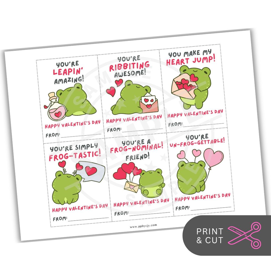 Valentine's Day card with cartoon frogs and romantic sayings on a white background.