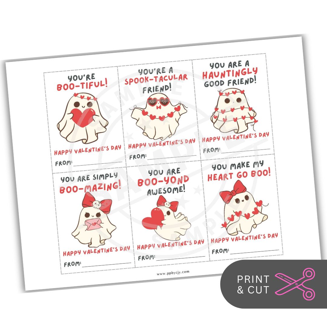Set of six Valentine's Day cards with cartoon ghosts and cute text on a white background.