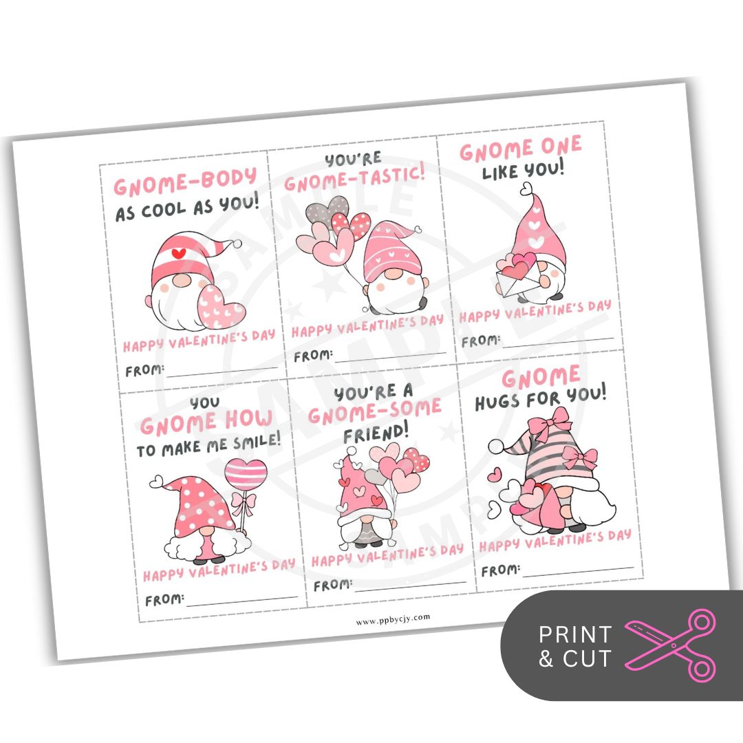 Set of Valentine's Day cards with cartoon gnomes and humorous sayings on a white background.