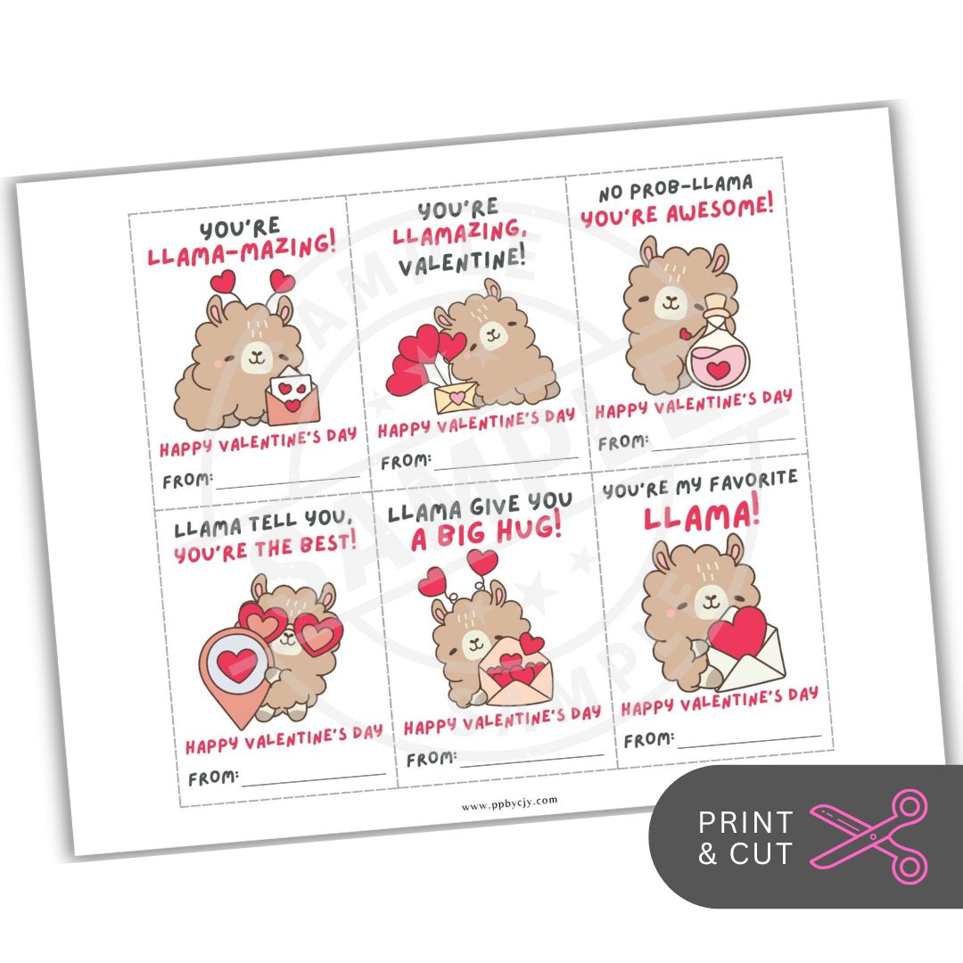 Valentine's Day cards with llamas and text on a white background
