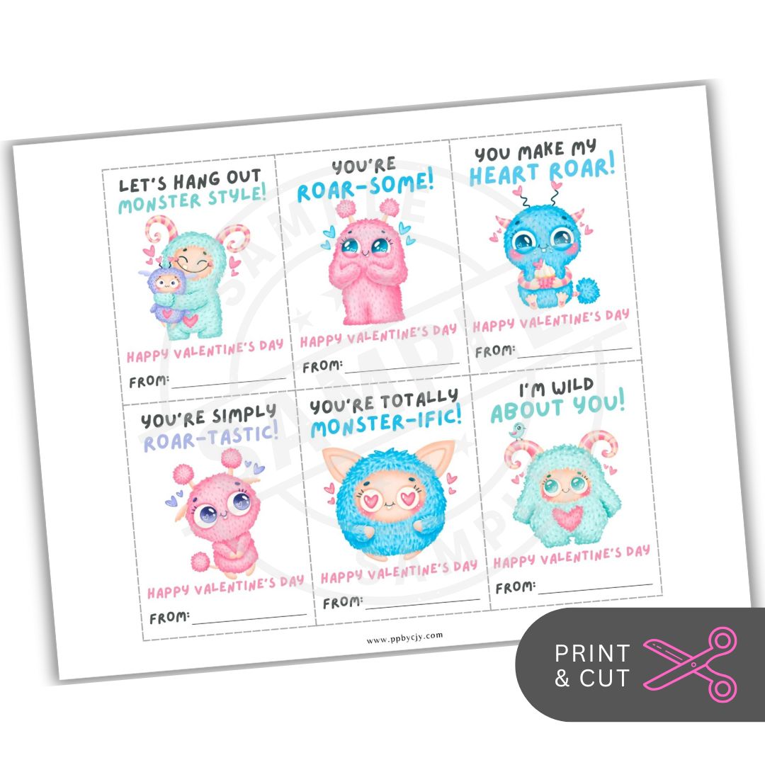Set of Valentine's Day cards with cartoon monsters and cute text on a white background.
