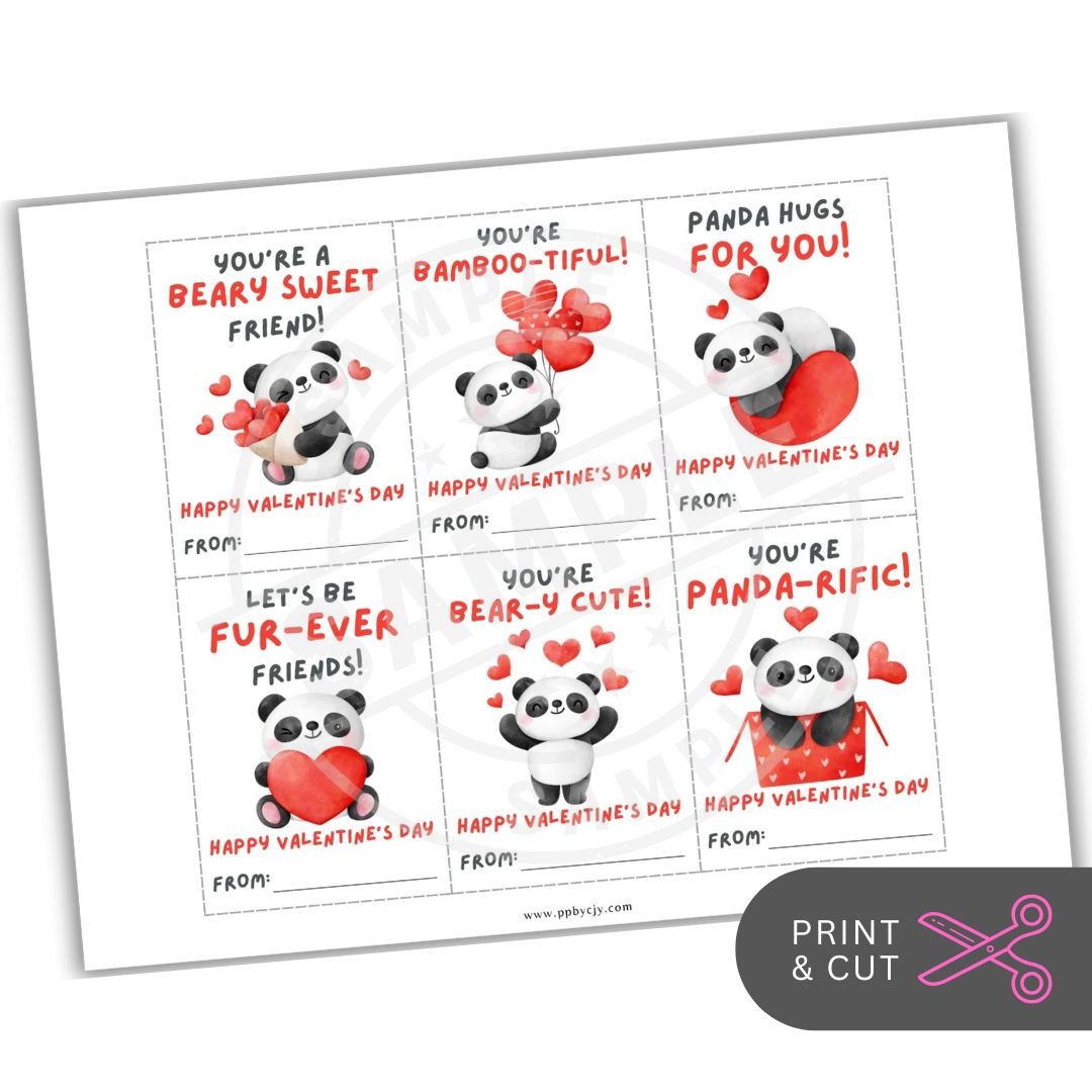 Set of Valentine's Day cards with panda illustrations and text on a white background.