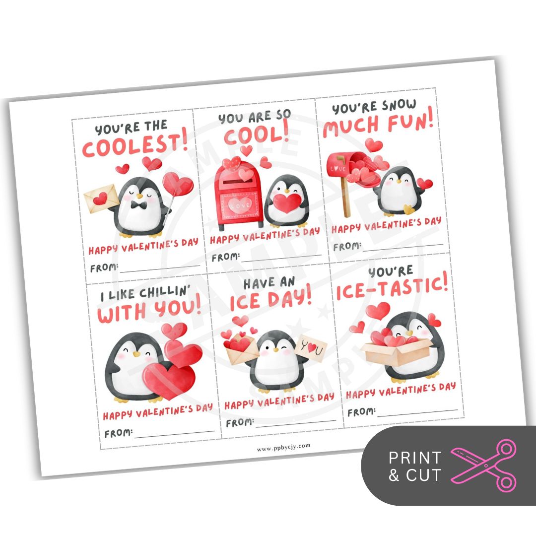 Set of Valentine's Day cards with penguins and text on a white background