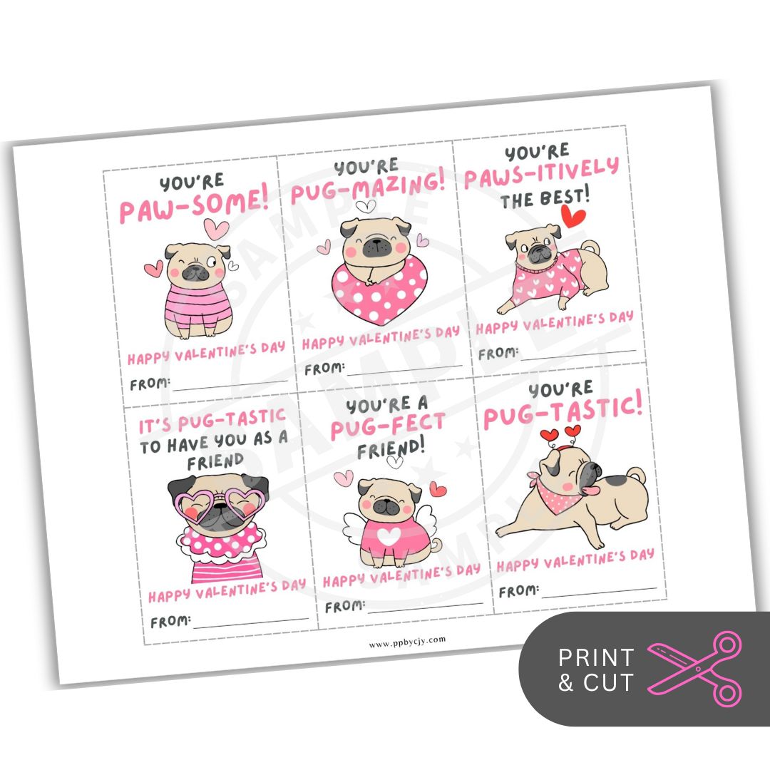 Valentine's Day cards with pug illustrations and text on a white background.