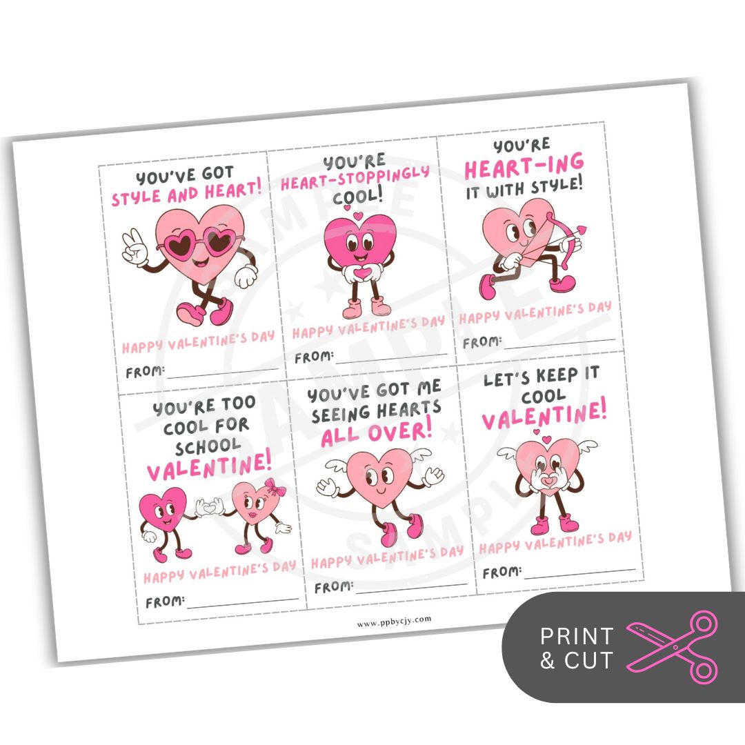 Valentine's Day cards with cartoon hearts and humorous text on a white background.