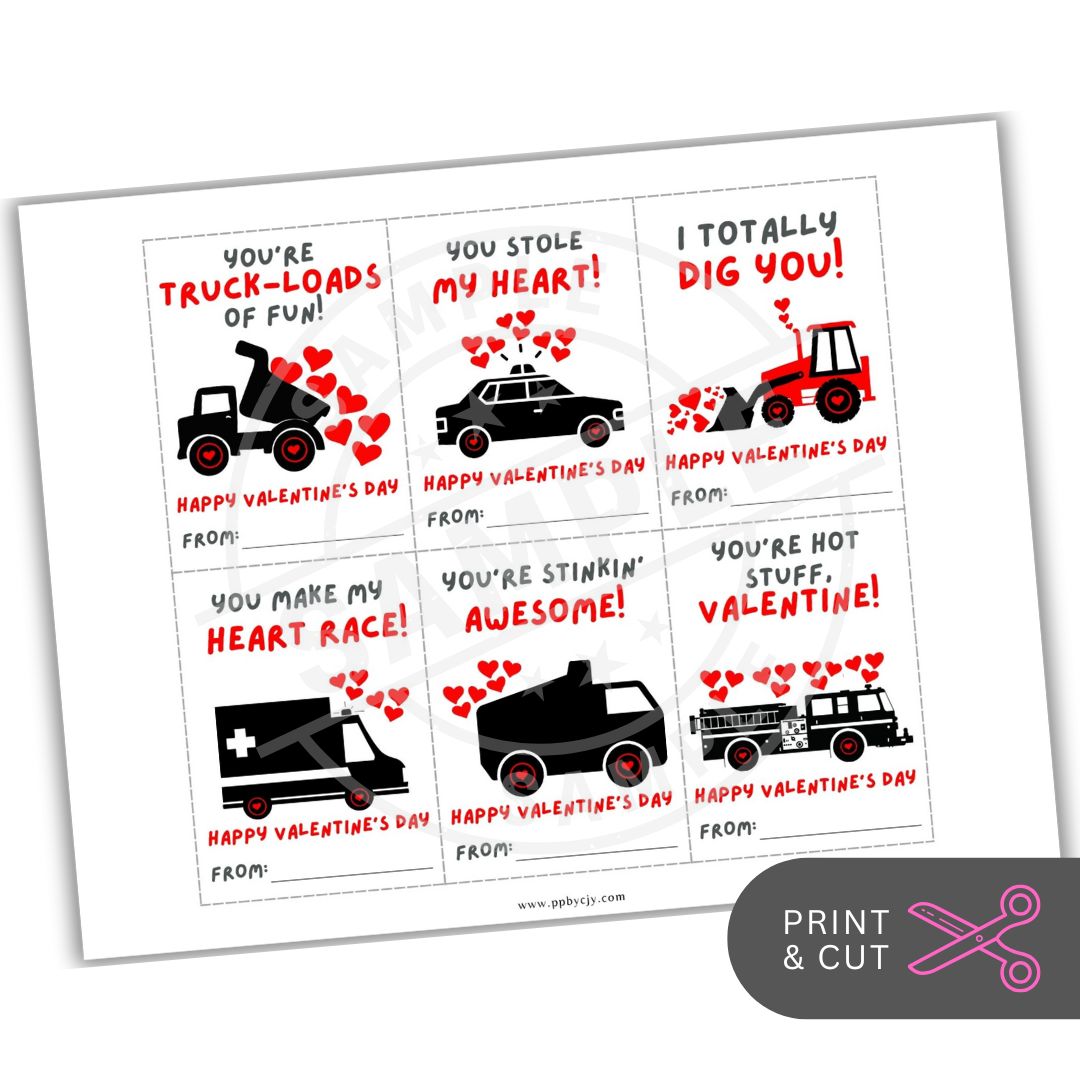 Valentine's Day cards with vehicle illustrations and text on a white background