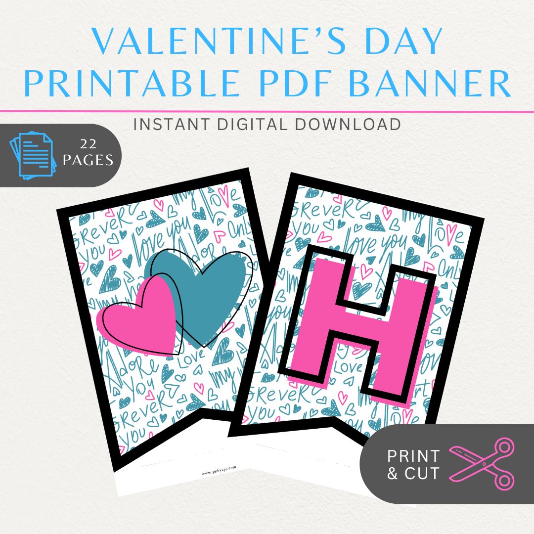 Printable Valentine’s Day flag banner with "Happy Valentine’s Day" lettering and heart designs for festive decorations.