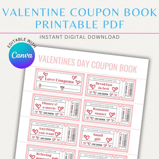 Personalizable Valentine’s Coupon Book Printable with customizable coupons for date nights, gifts, and thoughtful gestures.

