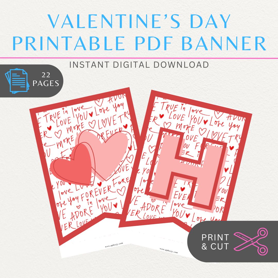 Printable Valentine’s Day flag banner with "Happy Valentine’s Day" lettering and heart designs for festive decorations.
