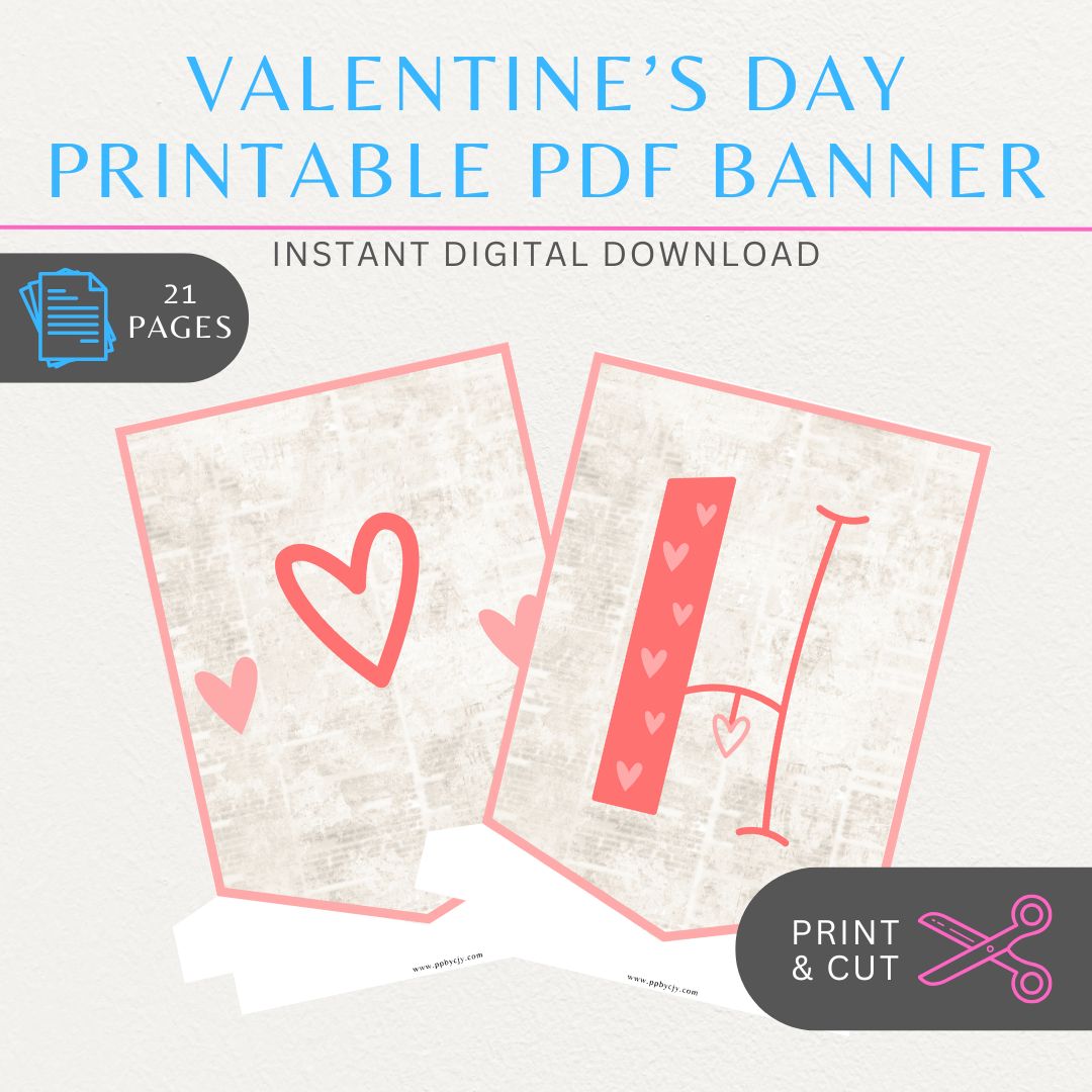 Printable Valentine’s Day flag banner with "Happy Valentine’s Day" lettering and heart designs for festive decorations.
