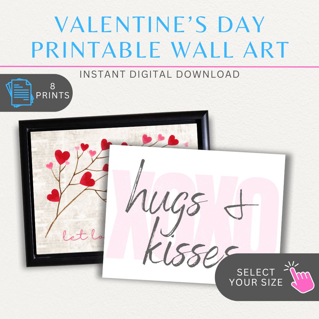 Set of 8 Valentines-themed wall art printables with love quotes, hearts, and romantic designs for stylish home decor.
