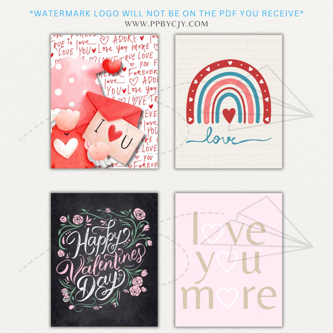 Set of 8 Valentines-themed wall art printables with love quotes, hearts, and romantic designs for stylish home decor.
