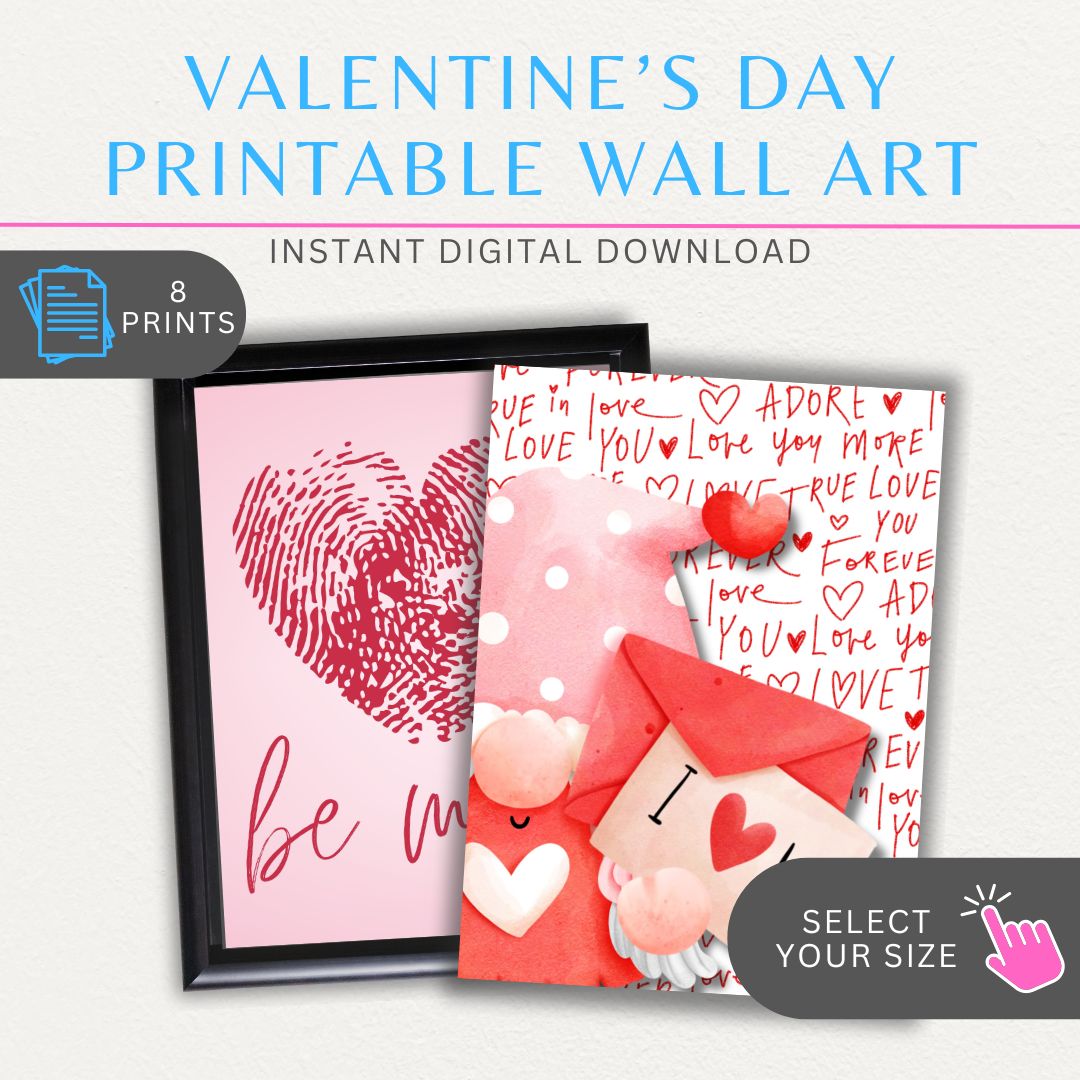 Set of 8 Valentines-themed wall art printables with love quotes, hearts, and romantic designs for stylish home decor.
