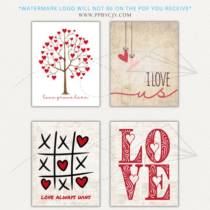 Set of 8 Valentines-themed wall art printables with love quotes, hearts, and romantic designs for stylish home decor.
