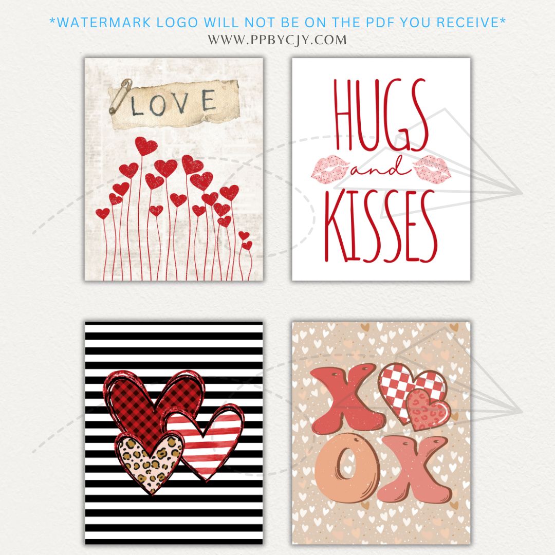 Set of 8 Valentines-themed wall art printables with love quotes, hearts, and romantic designs for stylish home decor.
