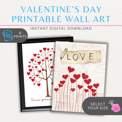 Set of 8 Valentines-themed wall art printables with love quotes, hearts, and romantic designs for stylish home decor.
