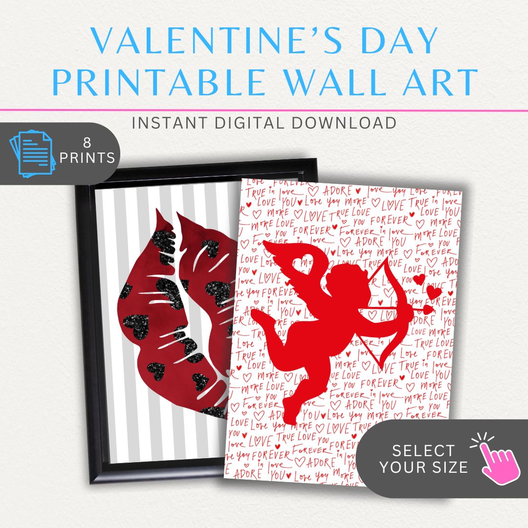 Set of 8 Valentines-themed wall art printables with love quotes, hearts, and romantic designs for stylish home decor.
