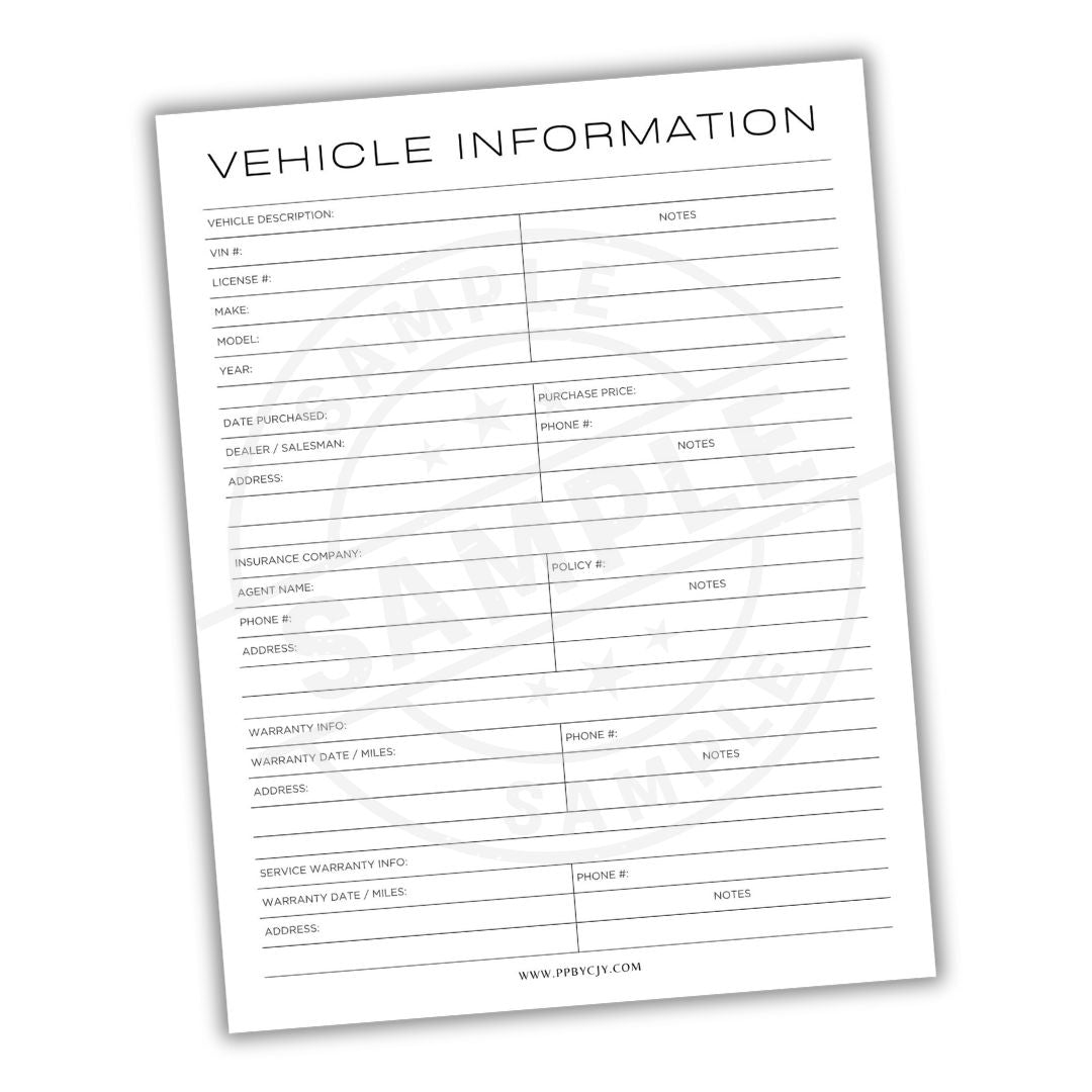 Sheet of paper with 'Vehicle Information' form on a white background