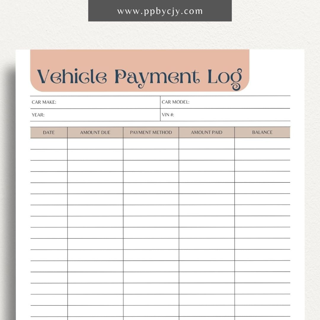 Vehicle Payment Log Printable Template – Digital download for tracking and managing payments for a vehicle, including payment dates, amounts, and remaining balance