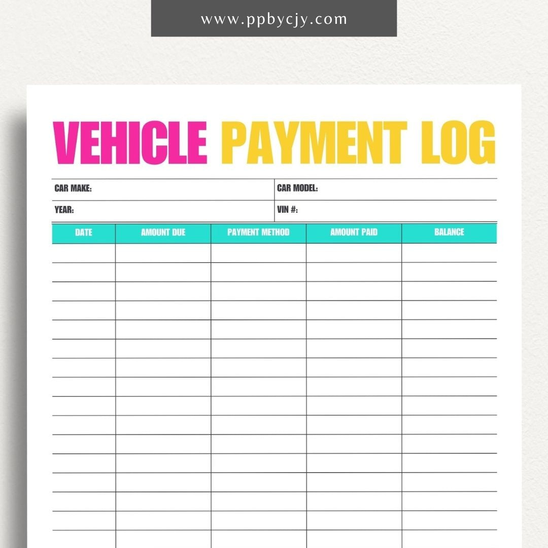 Vehicle Payment Log Printable Template – Digital download for tracking and managing payments for a vehicle, including payment dates, amounts, and remaining balance