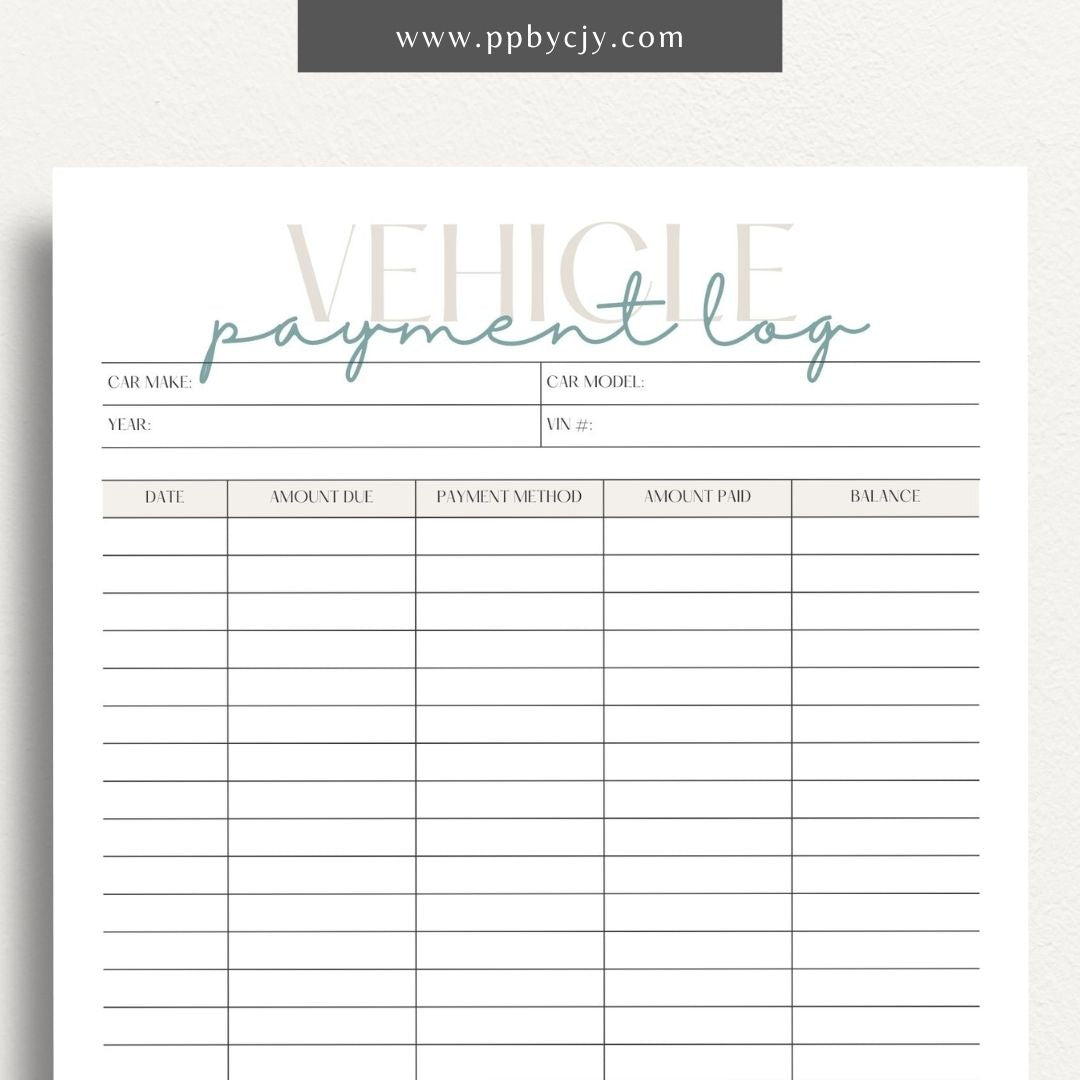 Vehicle Payment Log Printable Template – Digital download for tracking and managing payments for a vehicle, including payment dates, amounts, and remaining balance