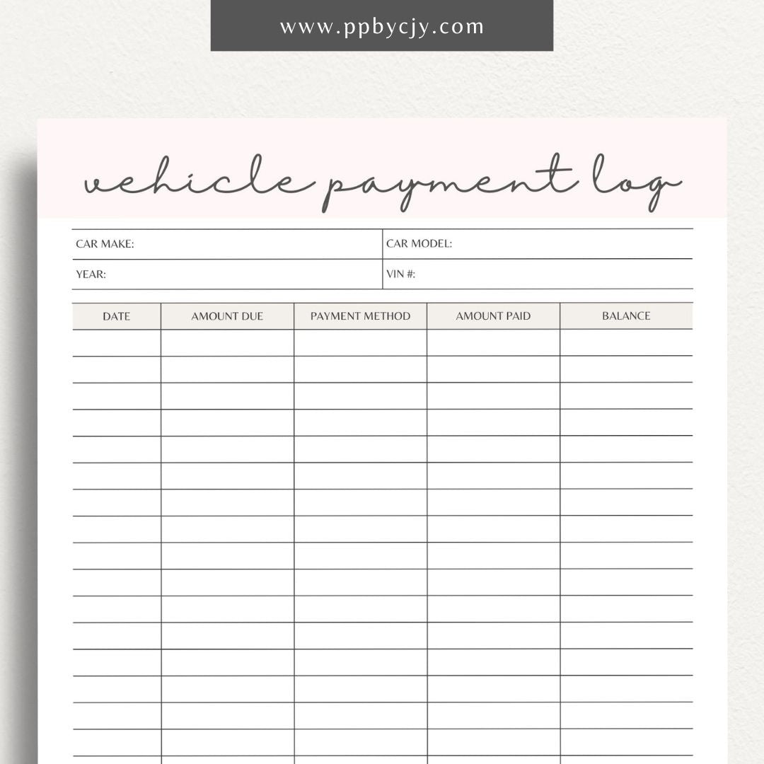 Vehicle Payment Log Printable Template – Digital download for tracking and managing payments for a vehicle, including payment dates, amounts, and remaining balance