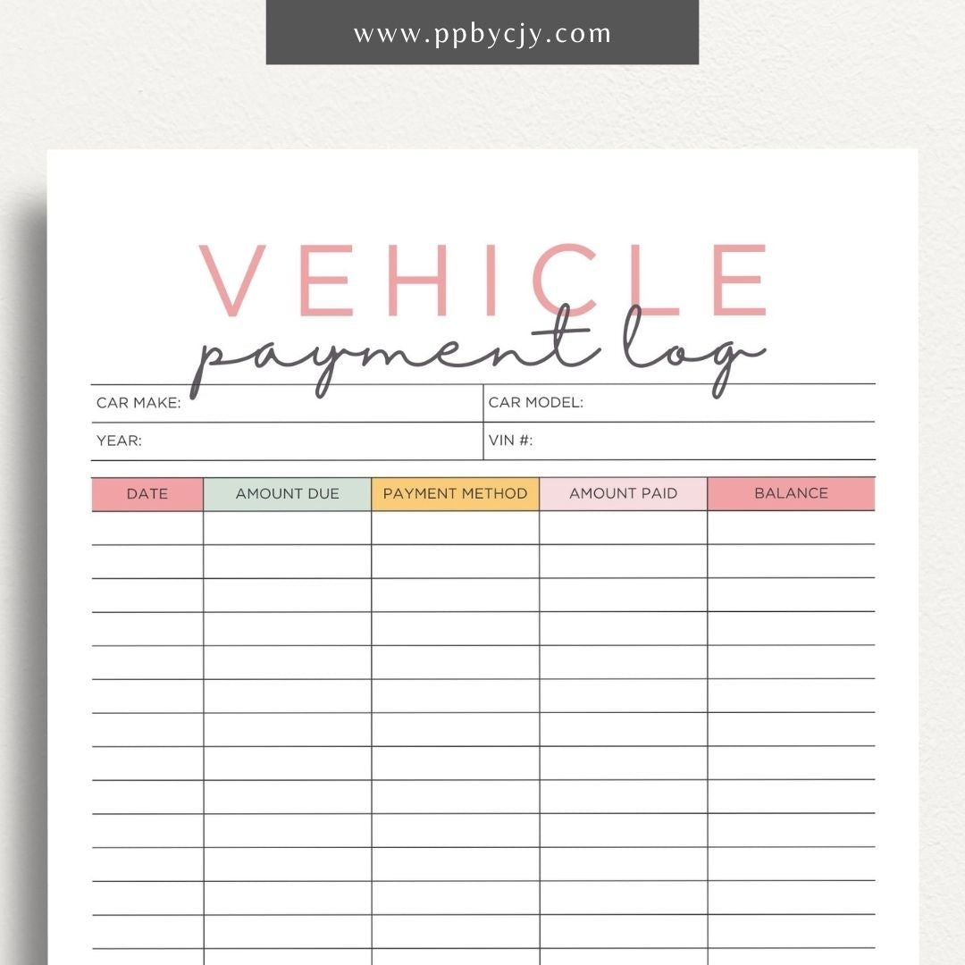 Vehicle Payment Log Printable Template – Digital download for tracking and managing payments for a vehicle, including payment dates, amounts, and remaining balance