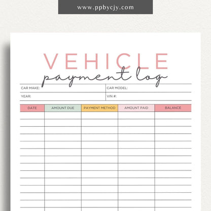 Vehicle Payment Log Printable Template – Digital download for tracking and managing payments for a vehicle, including payment dates, amounts, and remaining balance